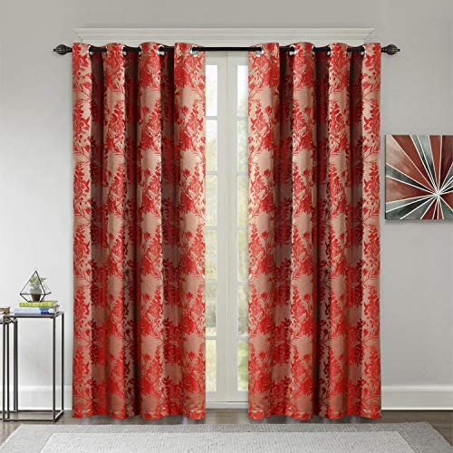 Deco Window Set of 2 Blackout Curtains for Doors 9 Feet Floral Room Darkening Thermal Insulated Soft Touch Polyester Privacy Panels with Stainless Steel Grommets (Red)