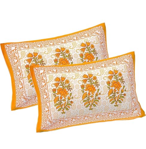 The Youth Spirit Cotton Double Bedsheet with 2 Pillow Cover, Jaipuri/Rajasthani Printed Bedsheet,90 * 100,White Yellow Flower