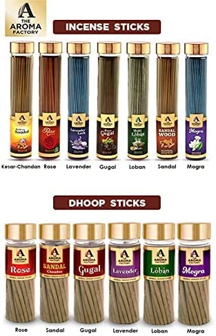 The Aroma Factory Rose,Sandal,Gugal,Loban & Lavender Dhoop Sticks for Pooja,100% Herbal Fragrance (Bottle Pack of 5 x100g) Jute Gift Set with Wooden Holder