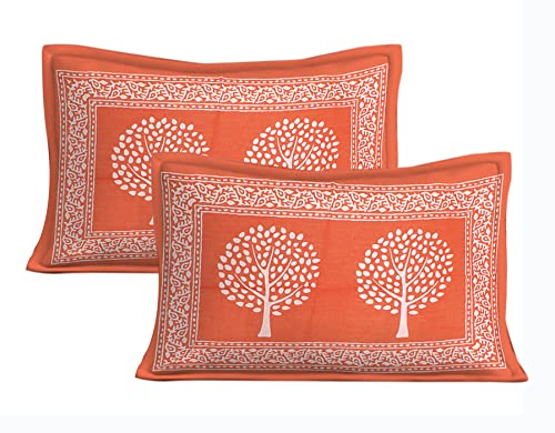 The Trendy Mart Cotton Double Bedsheet Jaipuri/Sanganeri Printed Bedsheets with Pillow Cover, Orange Tree