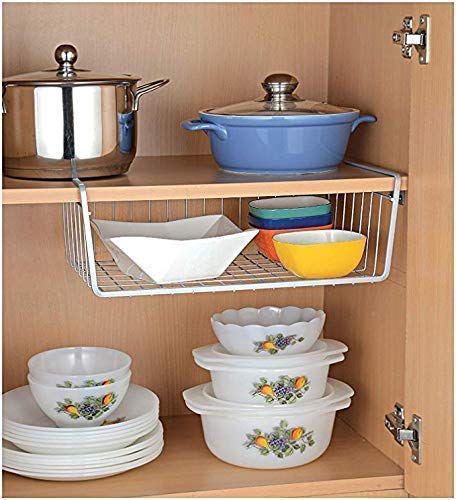 Styleys Metal Under Shelf Basket Wire Rack for Extra Cabinet Storage 15.5-inch (White 1pcs) (S11027), Hanging Shelves