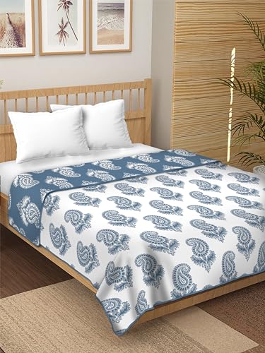 Dream Dwell 100% Pure Cotton Reversible Dohar/AC Blanket for Double Bed |All Weather Light Weight | Floral Design Dohar| Paisley Turkish Flower, Blue and White- Pack of 1