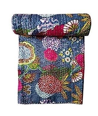 RK CREATION Jaipuri Handmade Cotton Kantha Quilt Bed Cover Blanket(Queen Size 90×108)