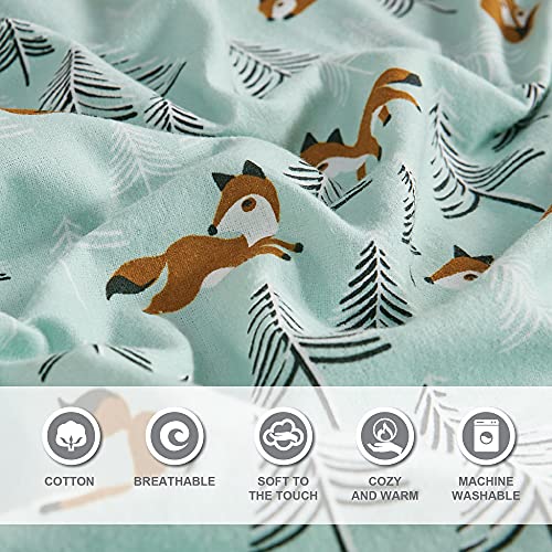 Comfort Spaces Cotton Flannel Breathable Warm Deep Pocket Sheets with Pillow Case Bedding, Full, Seafoam Foxes 6 Piece