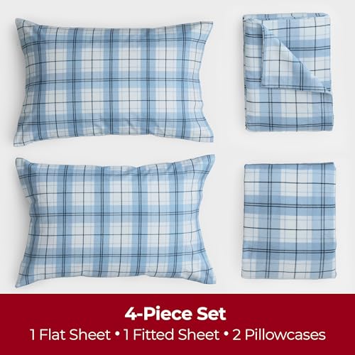 Mellanni California King Flannel Sheet Set - 4 pc Printed Luxury 100% Cotton - Lightweight Bed Sheets - Cozy, Soft, Warm, Breathable Bedding - Deep Pockets (Cal King, Light Blue Plaid)