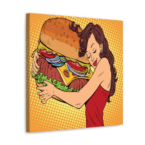 GADGETS WRAP Canvas Gallery Wrap Framed for Home Office Studio Living Room Decoration (17x17inch) - Beautiful Young Woman Hugging Burger