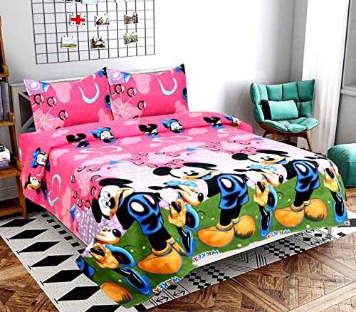 Soniasaa Prime Collection 180TC Cotton-Blend 1 Double Bedsheet with 2 Matching Free Pillow Covers Micky Mouse Cartoon Design (Baby Pink)