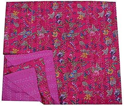 Textile art Kantha Flower Line Designed Dohar Cotton Quilt, Jaipuri Hand Block Print Cotton Kantha Quilt Double Bed (Persian Red) Twin Size Kantha Quilt