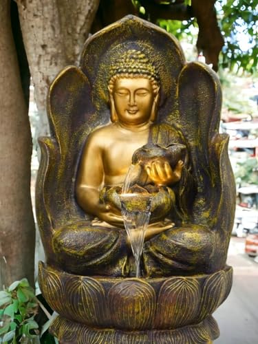 SEPBORN Buddha Statue Fountain with Water Flow, Copper, 90 cm with LED Lights Water Pump