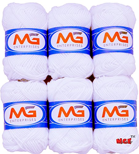 M.G Enterprises White Wool Ball Hand Knitting Art Craft Soft Fingering Crochet Hook Yarn, Needle Knitting Thread Dyed - Pack of 6