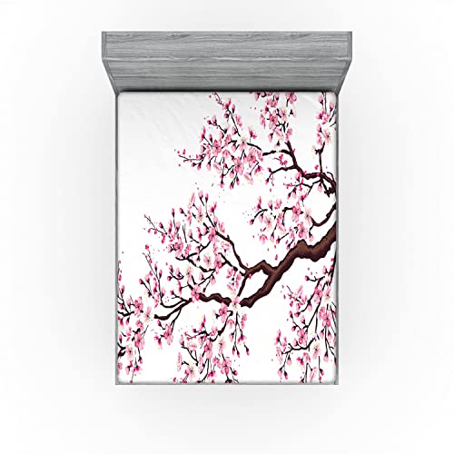 Ambesonne Japanese Fitted Sheet, Branch of a Flourishing Sakura Tree Flowers Cherry Blossoms Spring Theme Art, Bed Cover with All-Round Elastic Deep Pocket for Comfort, King Size, Pink Brown