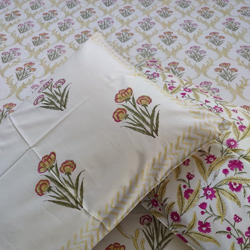 House of Harman I 350 TC 100% Pure Organic Cotton Bedsheet with 2 Matching Pillow Covers I Hand Block Printed I Natural Vegetable Dyes (Golden Dreams Bedsheet) (King- 90 * 108 inches)