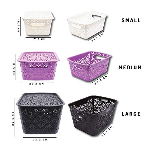 Cutting EDGE Plastic Storage Baskets Lidded Shelf Turkish Rack, Large Set of 2 with Lid for Storage Baskets for Fruit Vegetable Bathroom Stationary Home Basket with Handle (Cream, Large)