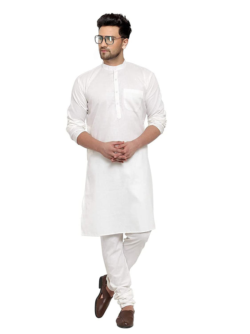 Gauri Laxmi Enterprise WELTPOCKET ¢ Men's Cotton Knee-Long Full Sleeve Solid Straight Kurta Pyjama Set (Medium, White)