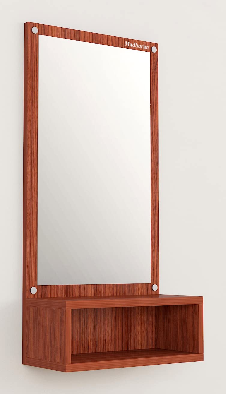 Madhuran Engineered Wood Wall Mounted Mirrors with Storage Box Stand (Laminated Teak) / Fancy Rectangular Hanging Home Makeup Items Living Room Office Bedroom Bathroom