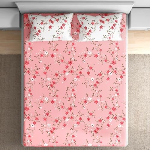 100% Cotton 152 TC Fitted Bedsheet with 2 Pillow Covers | Sakura Queen, 72" x 60", Sakura| 1.83m x 1.52m