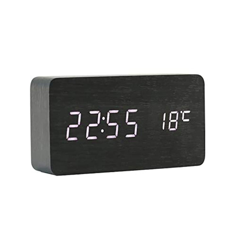 ThreeH Desk Wooden Alarm Clock Digital Adjustable Brightness 3 Set of Alarm and Voice Control Large Display Time Temperature Date USB or Battery Powered-AC11 Black, White-7W x 15H Cm