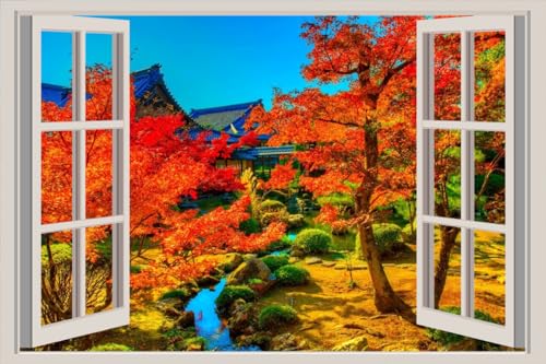 JVERF - JZZA23616 Japan Kyoto Autumn Trees Stream HDR| Self-Adhesive Open Window Wall Sticker