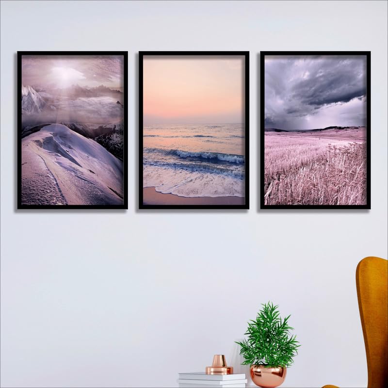 SAF paintings Set of 3 Sea Waves and mountain Wall Painting for Home Decoration SA-BLACKMX33508