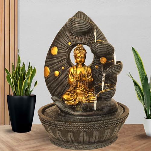 Art N Hub namaskar Buddha Home Decorative Water Fountain Best Home and Office Inauguration Gift Items | Built (23 x 23 x 34 CM | Grey Golden)