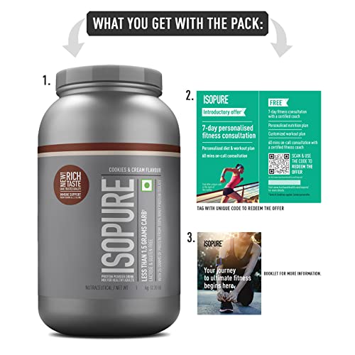 Isopure Whey Protein Isolate Powder with less than 1.5gm of Carbs and Vitamins for Immune Support - 1 kg Cookies & Cream, Vegetarian protein for Men & Women. Offer Pack