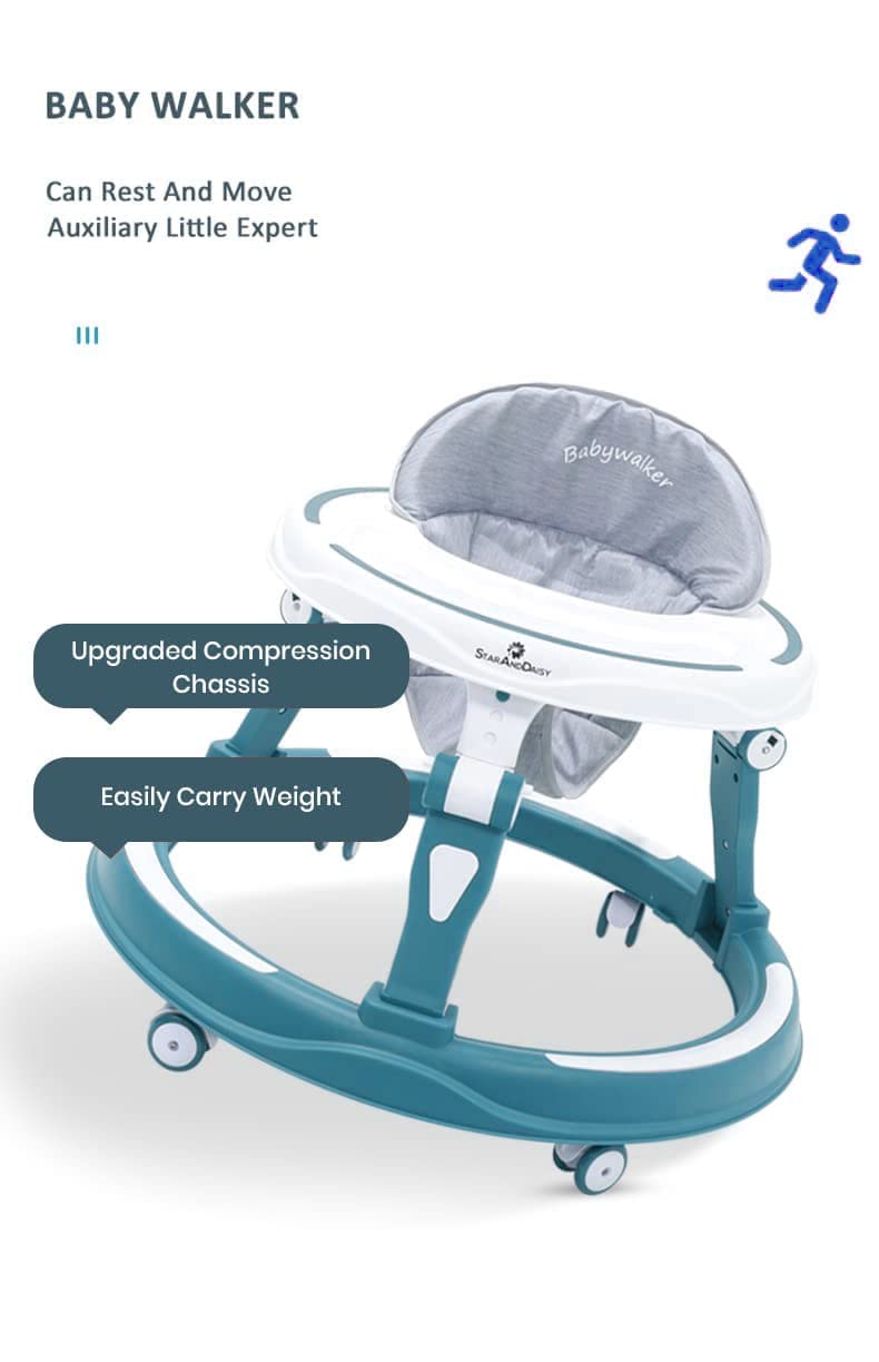 StarAndDaisy 360° Baby Walker Adjustable Height, Multi-Function Anti-Rollover Folding Walker with Height Adjustable 6-24 Months Male and Female Baby Walker (Blue)