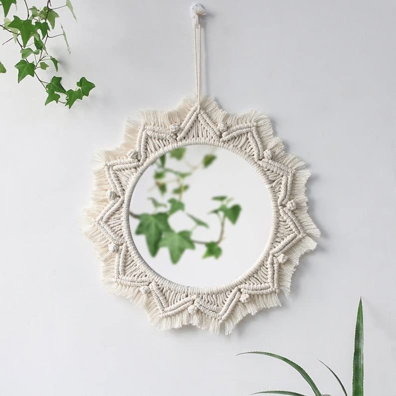 URHAN Macrame Hanging Wall Mirror with Macrame Round Mirror Art Boho Decor MM022