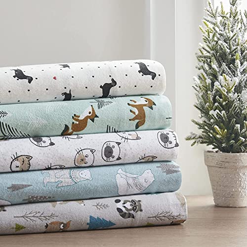 Comfort Spaces Cotton Flannel Breathable Warm Deep Pocket Sheets with Pillow Case Bedding, Queen, Seafoam Foxes 6 Piece