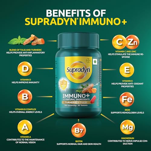 Supradyn Immuno +, Multivitamin, Natural immunity booster with Vit C, Vit D, Zinc, Unique blend of Tulsi, Turmeric, Shatavari & Ashoka (30 Tabs)