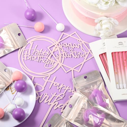 Yerliker 34 Pcs Birthday Candles Cake Toppers for Men Women with 12 Long Thin Birthday Cake Candle 10 Numeral Birthday Candle 9 Ball Cake Topper 3 Birthday Cake Topper(Purple Pink)