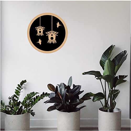 DOTME Birds Hanging Nest Wooden With Vinyl Sticker Decorative Design Wall Décor For Home Kids Bedroom Living Room Hall DIY Art 8 INCH (Black)