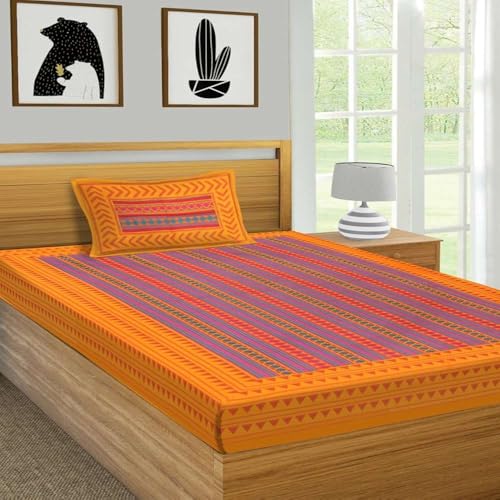 104 Tc Pure Cotton Single BedSheet with Two Pillow Covers | 60 X 90 Inches | EXLSG-143 | Orange