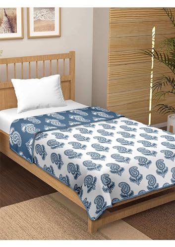 SNOWGREEN EXPORT Pure Cotton Reversible Dohar Single Bed Size | Jaipuri Printed Block AC Blanket | Soft Lightweight AC Summer Comforter Quilt (Dark Blue, Single - 56x88 Inch)