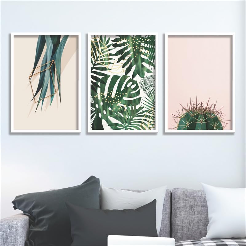 SAF paintings Set of 3 Green Tropical Leaves Wall Painting for Home Decoration SA-WHITECF33512