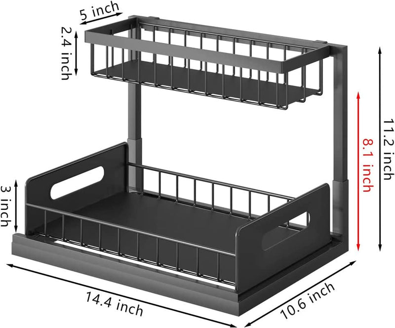 MosQuick® Under Sink Organizer, 2 Tier Organizer Kitchen Storage Double Shelf Drawer, Carbon Steel Waterproof Rustproof, Under Bathroom - Kitchen Under Sink Organizer - Black,Pull-Out Shelves