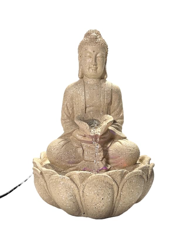 DGC Lotus Buddha Water Fountain with LED Lights & Water Pump | Tabletop Water Fountain | Vaastu Kamal Buddha Fountain for Home, Office, Garden Or Gifting (Beige, 23x15x34 CM)