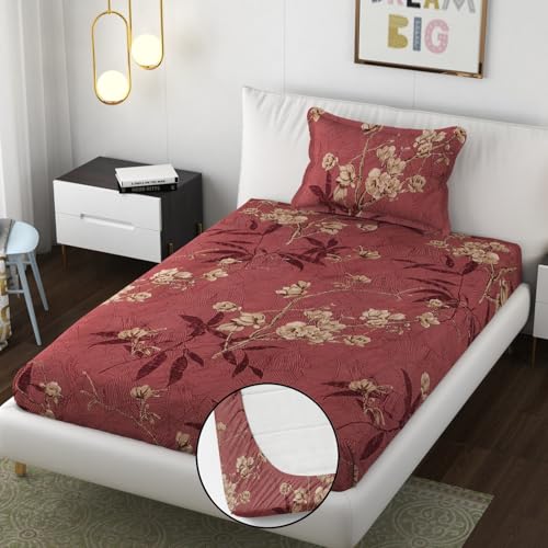 VAINE Premium Heavy Cotton Elastic Fitted Bedsheets with 1 King Size Pillow Covers || Single Bed with All Around Elastic 350 TC || 36 x 78 Inch Single Size Fitted || - Maroon Floral