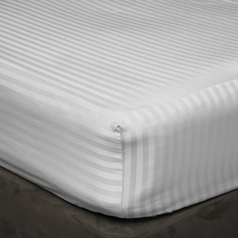 LINEN SHEETS 100% Cotton All Around Elastic Fitted Bedsheet Set- 400TC 6" Deep Pocket Fitted Sheet with 2 Pillow Cover- Elasticized Fitted Breathable-Light Grey Stripe,Double Size