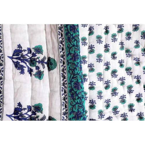 fashhub Rajasthani Traditional Cotton and Microfiber Jaipuri razai ac Blanket booti Print with Boarded Design Single Bed Reversible (Both Sided) Jaipuri Quilt 55 x 85 inch - Blue