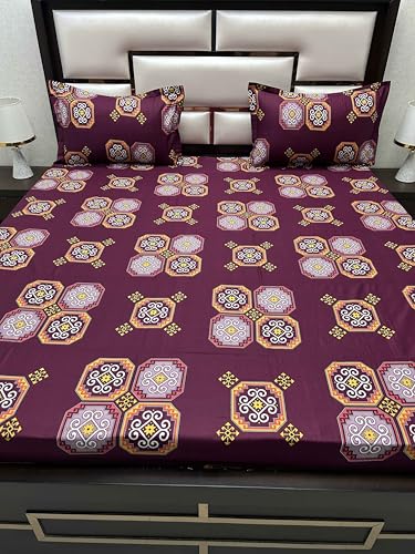 Pure Decor 100% Pure Cotton Velar SIB Collection King Size Procian Print Bedsheet for Double Bed (108"X108") with 2 Pillow Covers PD 4273 - Ethnic, Purple