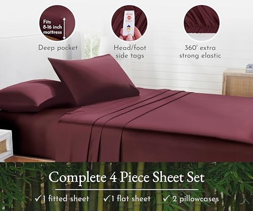 California Design Den Rayon from Bamboo Sheets King Size Set, Luxury Cooling Sheets King Size Bed, Burgundy Sheets with Deep Pocket Fitted Sheets (King, Burgundy)