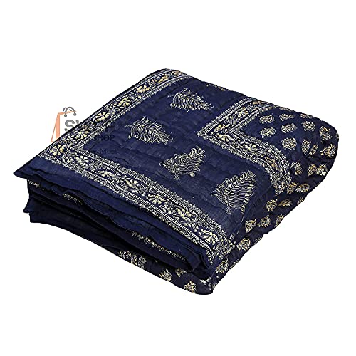 HOPEE Shop 400 TC Pure Cotton Fabric/Filling Rajasthani Traditional Designs Printed Light Weight Jaipuri Double Bed Quilt/Razai/Rajai - Blue (85X100 INCHES