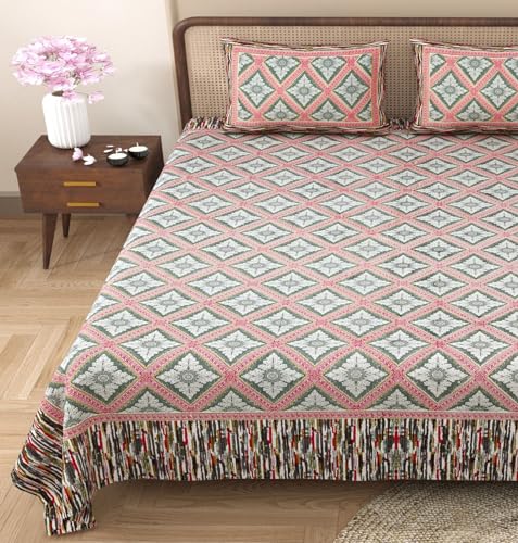 HOLYKRAFT 100% Pure Cotton 180 TC Rajasthani Jaipuri Traditional Floral Printed King Size Double Bedsheet with 2 Pillow Covers All-Season (Grey)