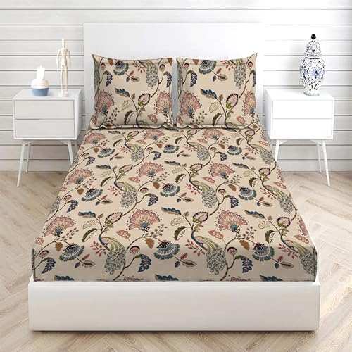 YaAkholic 220 TC Elastic Fitted Double King Size Bed Cotton Bedsheets with 2 Pillow Covers - King Size 78" x 72" Lruxurious Bedding Set for Ultimate Comfort and Style (Beige KUNDAL)