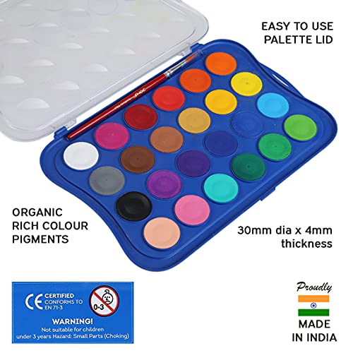 Doms 24 Shades 30mm Water Colour Cakes | Easy To Use Palette Lid | Organic Rich Colour Pigments | Free Brush Inside | Non-Toxic & Safe For Kids | Pack of 1