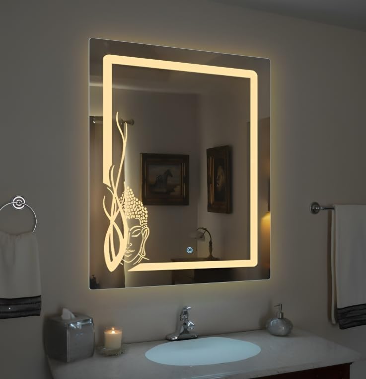 SmileSellers Led Mirror with Buddha Large Front Light Mirror (30x24 inch) (WhiteLight+WarmLight+Cool Day Light) (Rectangular, Framed, Wall Mounting)