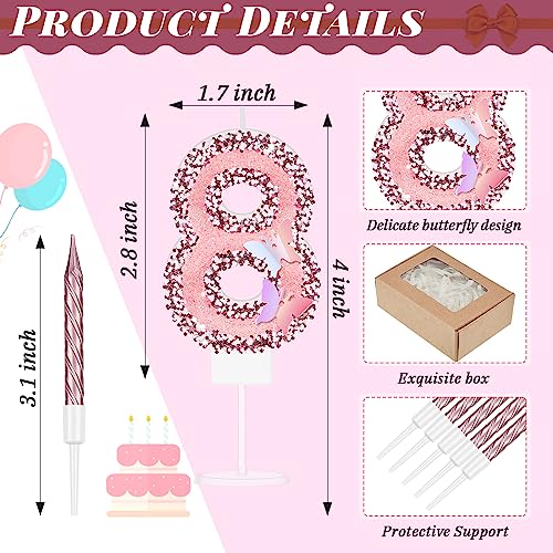 2.75" Large Pink Glitter Happy Birthday Candles Girls Number Candles for Birthday Cakes Sequin Numeral Princess Candle Number Birthday Cake Topper with 10 Long Thin Cupcake Candle for Party (Number 8)