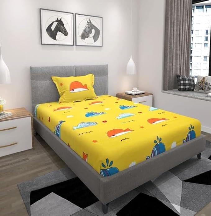 ME Products Cartoon Printed Single Flat Bedsheet with 1 Pillow Cover | 144 TC Glace Cotton, Skin Frindly Fabric Bedsheet for All Seasons | 60 x 90 Inches (Yellow-Fish)