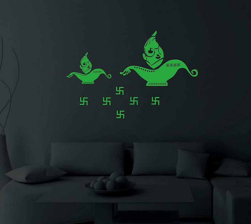 GADGETS WRAP Diwali Decoration Vinyl Wall Decal Sticker Glow in Dark Radium Ganesha Design Diwali Diya