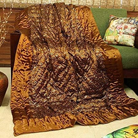 fashhub Light Weight Satin Silk Golden Print Jaipuri Razai Rajai Quilt (Double Bed, Brown)